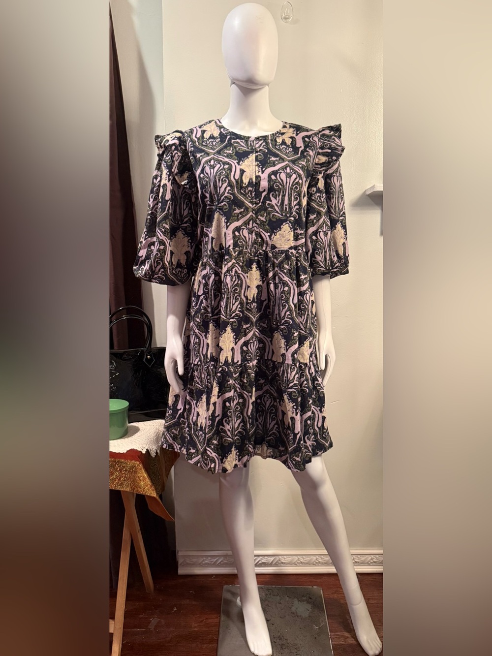 Cleobella Black and Pink Mini Dress with Ruffle Shoulders